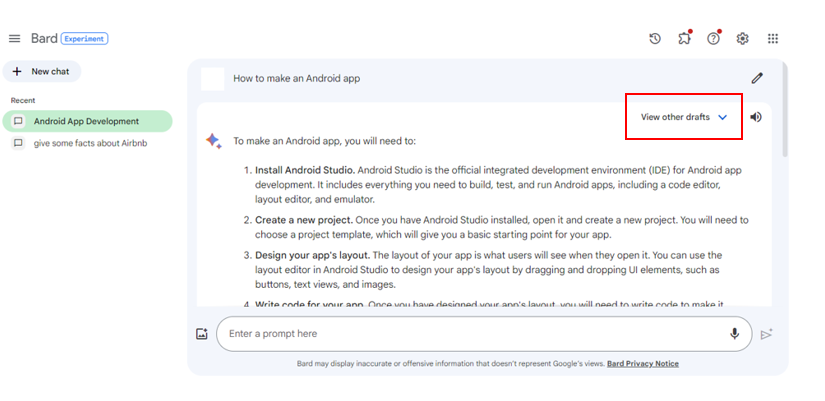 Image showing “View other drafts” in Goggle Bard