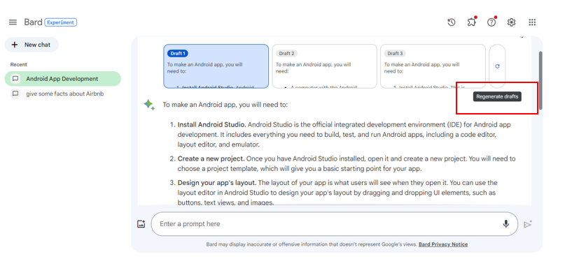 Image showing “Regenerate drafts” option in Google bard