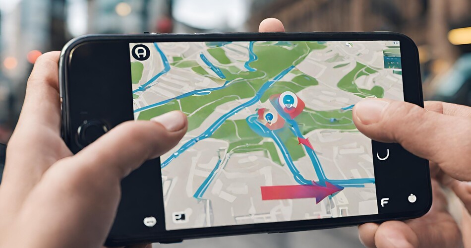 An image of using an AR app for navigation, with arrows and information overlaid on their smartphone screen.
