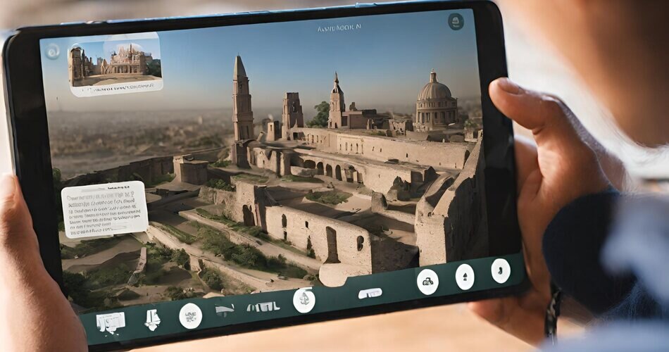 An image of a student using an AR app to learn about historical landmarks by viewing them virtually.