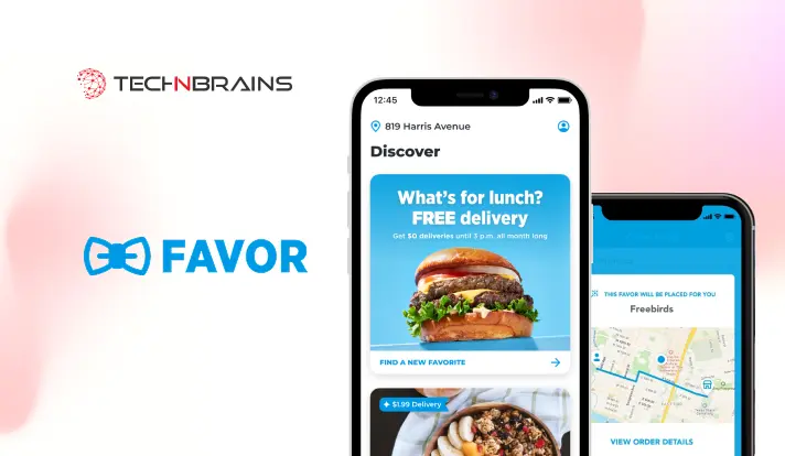 Favor app showing Texas coverage with groceries and restaurant orders in one food delivery app