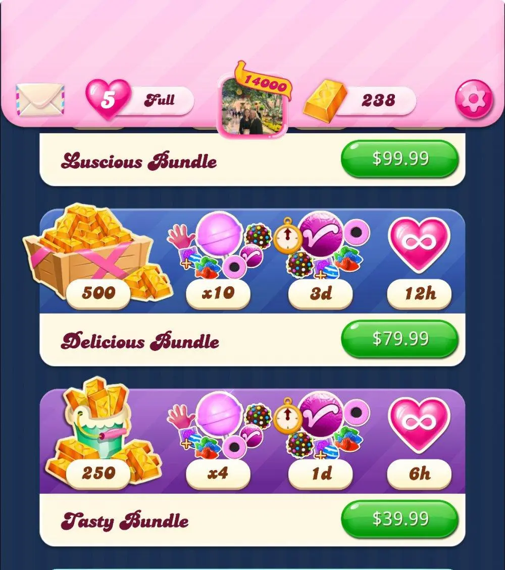 Candy Crush Saga's in-app store, showing consumable boosters alongside gold bar packs