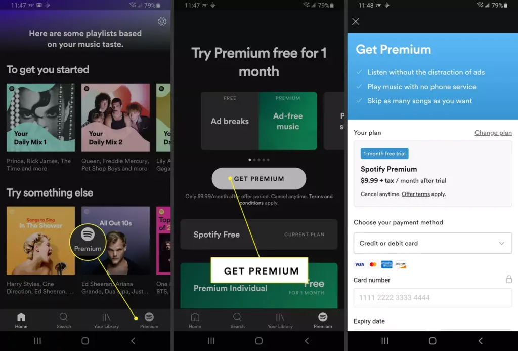Spotify's free tier next to its Premium upgrade screen
