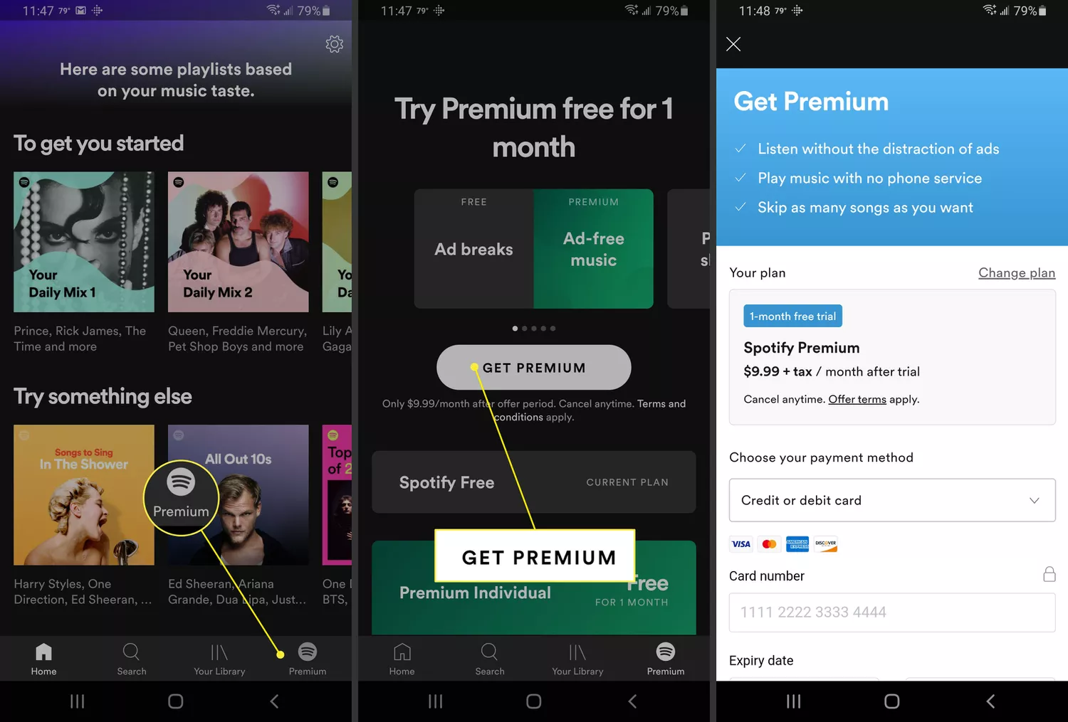 Spotify's free tier next to its Premium upgrade screen