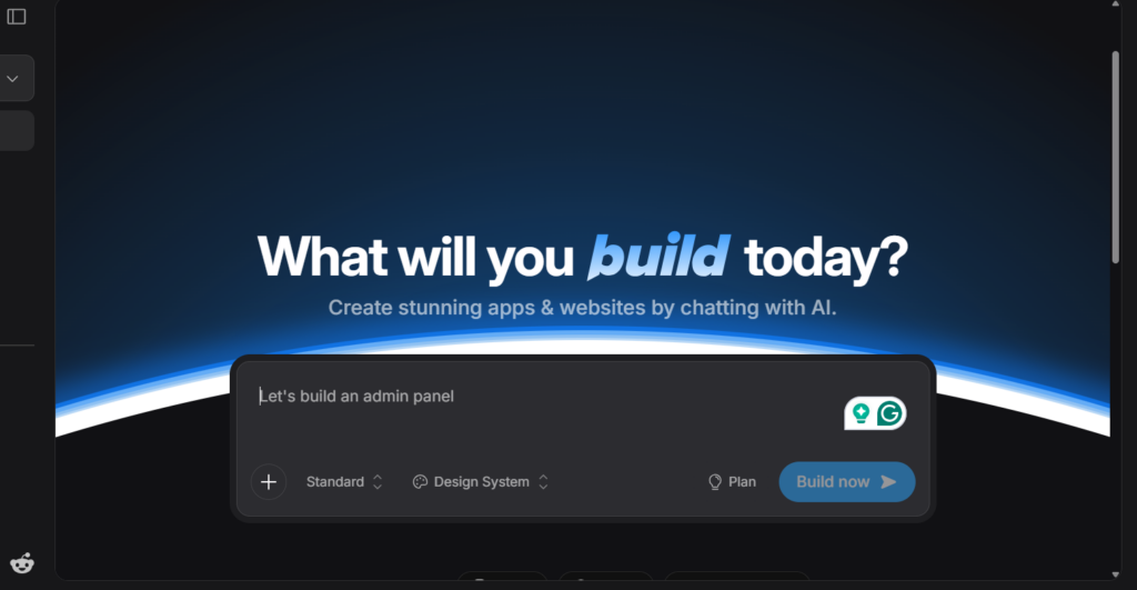 Bolt.new AI app builder homepage showing prompt box for creating apps and websites by chatting with AI.
