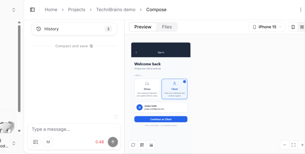 CatDoes AI app builder showing mobile logistics app login screen with driver and client role selection.